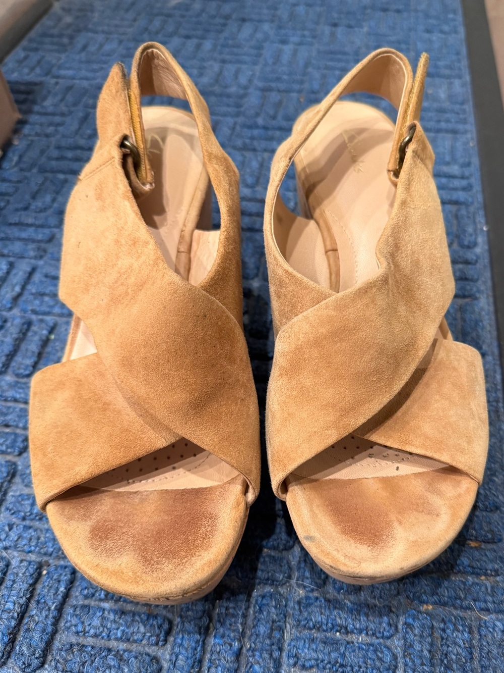 Clarks Tan Suede Crisscross Slingback Wedge Sandals
